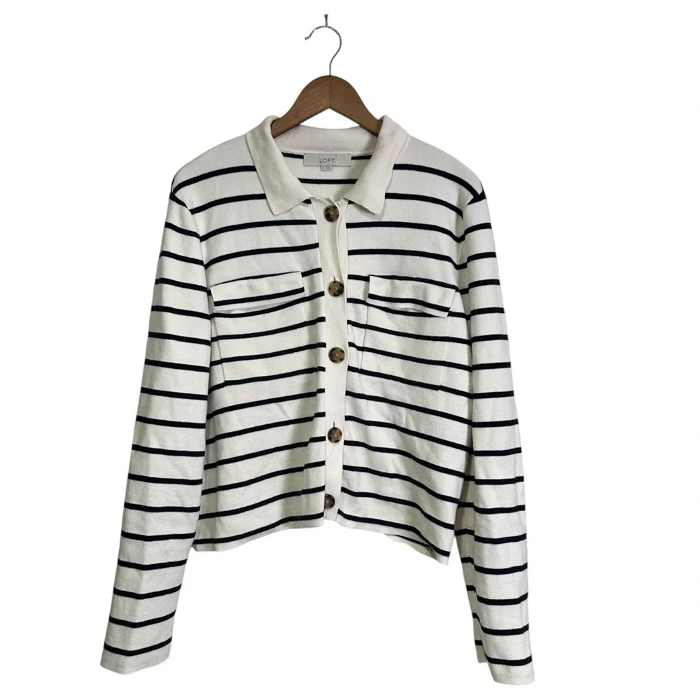Loft Women’s L Off-White & Navy Striped Collared Knit Cardigan